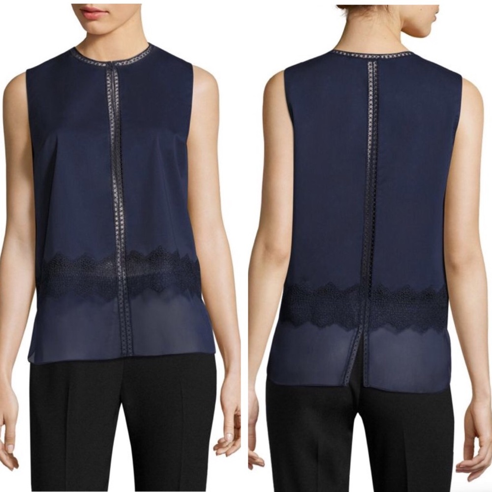Elie Tahari Karma Lace Hem Blouse Navy Blue XL
